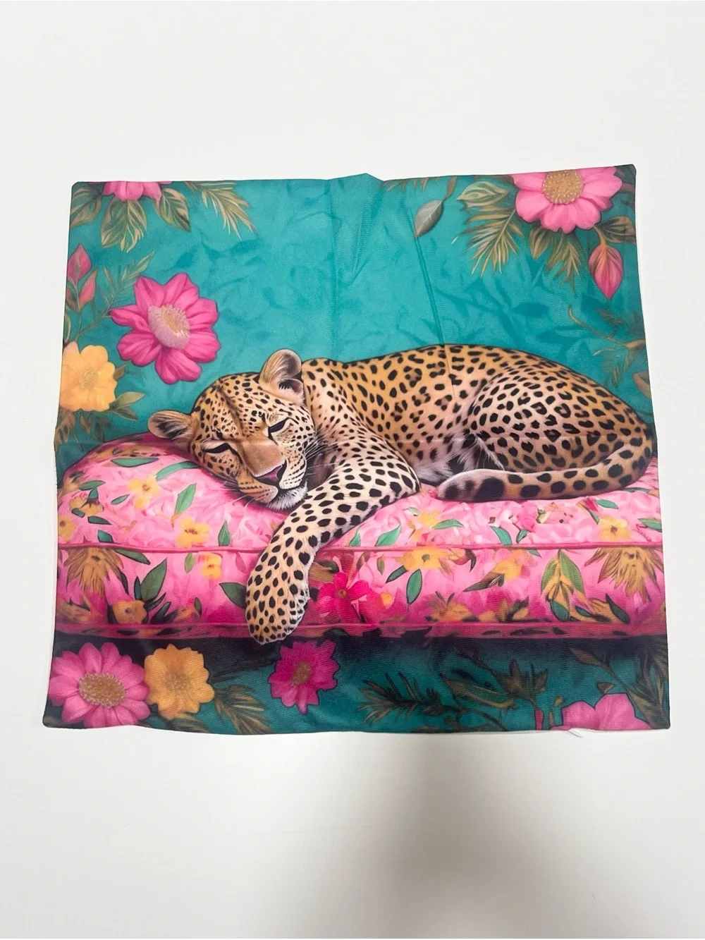 Set of 2 Leopard Floral Decorative Pillow Covers | Teal & Pink | 18” x 17”